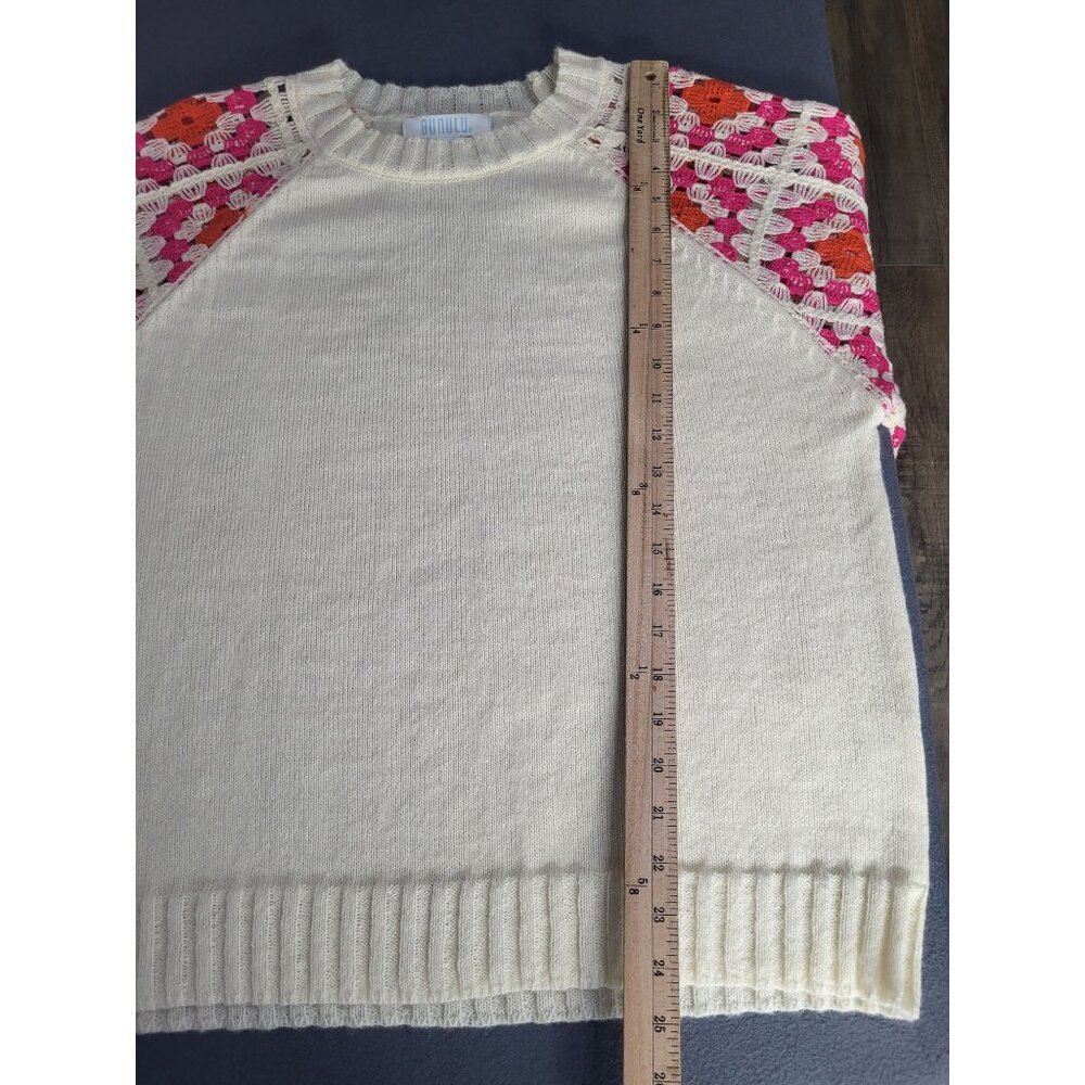 BUNULU Women's XL Rose Crochet Puff Sleeve Knit Sweater Boho Hippie Cottagecore - Picture 9 of 9